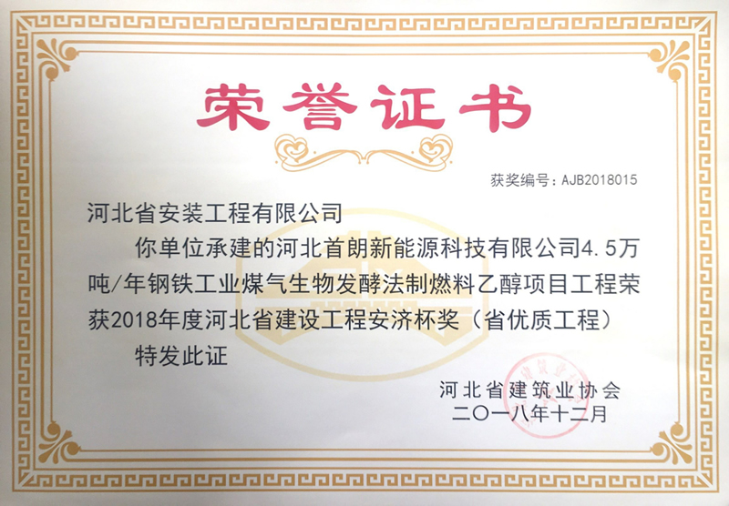 Hebei Shoulang New Energy Technology Co., Ltd. 45000 tons of fuel ethanol project by biological fermentation of iron and steel industrial gas every year